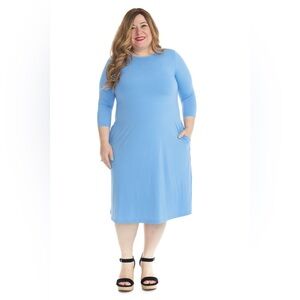 💙 Blue Midi Dress w/ Pockets | 3/4 Sleeve | Stretchy & Comfortable